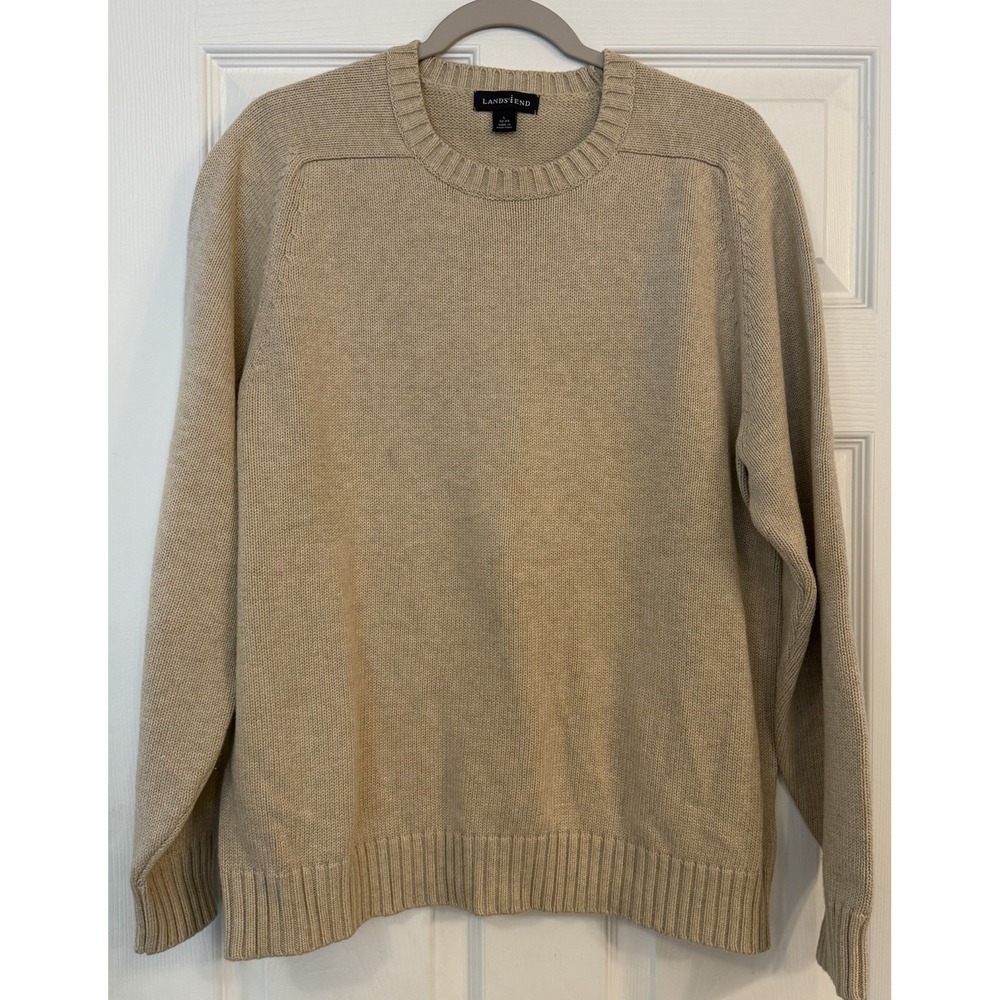 Vtg Lands End Sweater Mens Large Beige 100% Cotton Pullover Pristine Preppy Work
